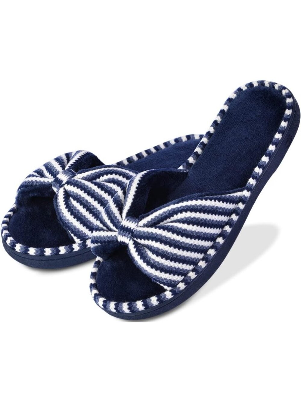 Women's Blue Memory Foam Open Toe Slide Slippers with Cute Bow and Slip-on